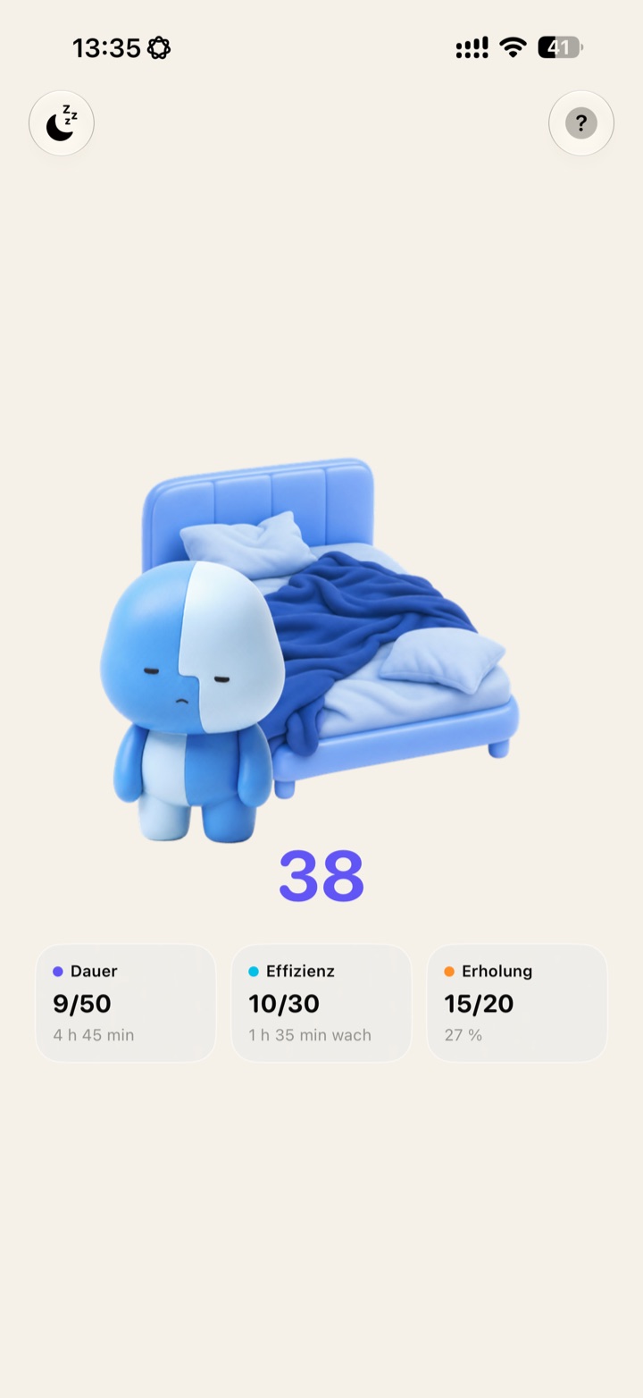 Yawn Sleep showing a score of 38 with a tired Lil’ Guy beside an unmade bed