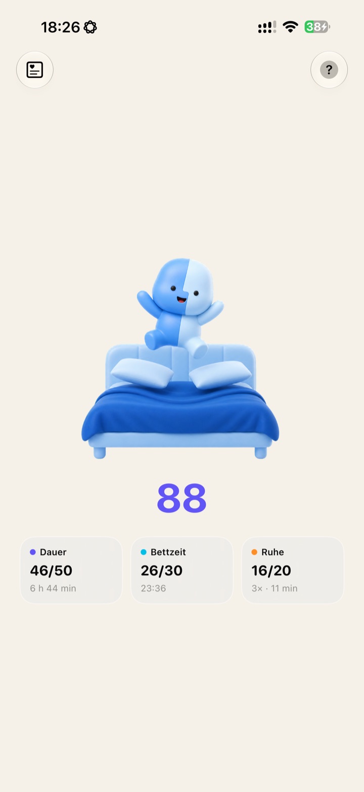 Yawn Sleep showing a score of 88 with a cheerful Lil’ Guy jumping on the bed