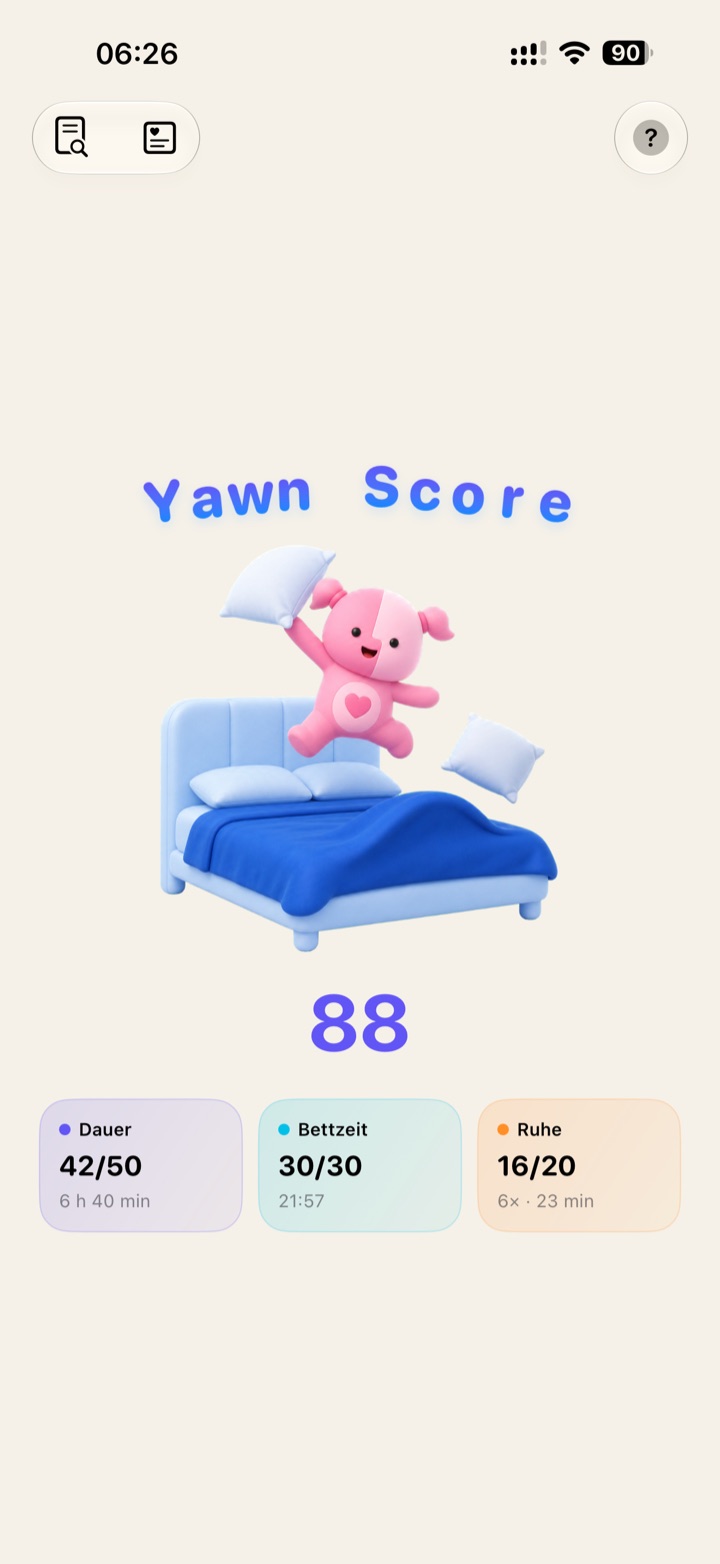 Yawn Sleep showing a score of 88 with Lil’ Girl enjoying a pillow fight