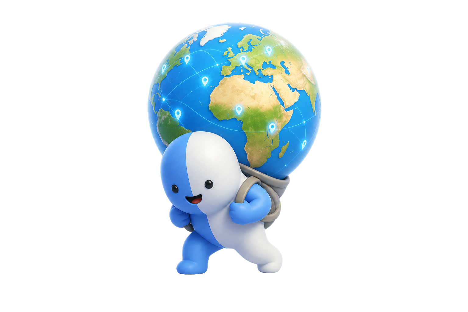 A cheerful blue and white mascot carrying a globe on its back